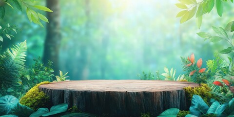 Wall Mural - Wooden Tree Stump Platform Surrounded by Lush Tropical Foliage