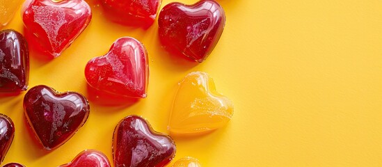 Aufkleber - Valentine s Day themed Hearts candy on a bright yellow backdrop perfect for a romantic copy space image