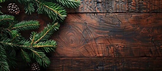 Poster - Wooden background with a Christmas tree branch provides an elegant copy space image