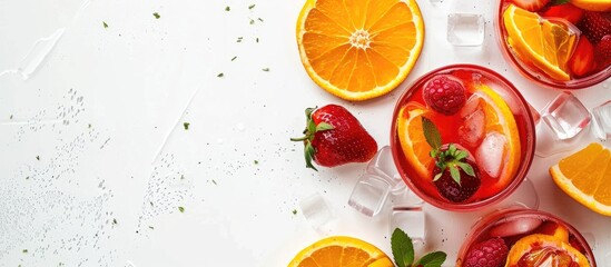 Aufkleber - A white background showcases a vibrant sangria with fresh oranges and strawberries in a copy space image