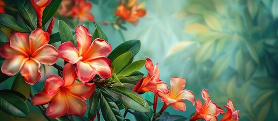 Fototapete - Tropical design featuring an Adenium or desert rose Impala Lily and Mock Azalea flower against a garden background on a spring day ideal for wallpaper with text and a copy space image