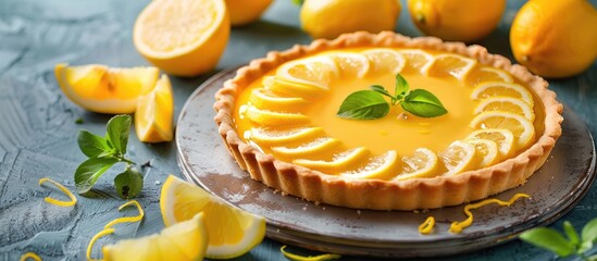 Poster - Traditional French lemon tart dessert with lemon curd on a table with citrus fruits creating a delicious and appetizing homemade sweet treat perfect for a copy space image