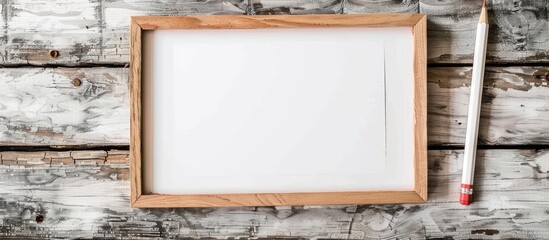 Poster - Wooden frame with blank paper note and pencil ideal for your copy space image