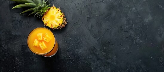 Aufkleber - Top view copy space image of fresh pineapple juice in a glass with pineapple on black background