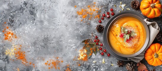Aufkleber - Thanksgiving Day themed rustic flat lay image featuring a vegetarian pumpkin soup puree and souffle on a gray backdrop with copy space