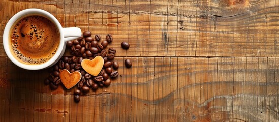 Aufkleber - Copy space image with hot coffee in a small white cup and heart shaped coffee beans on a wooden backdrop