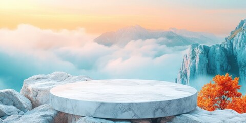 Sticker - White Marble Platform on Mountaintop with Autumn Foliage and Fog