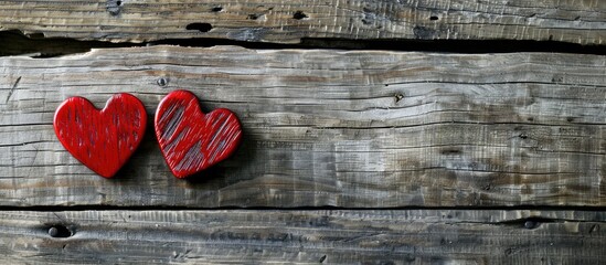 Wall Mural - A wooden background hosts two red hearts for Valentine s Day providing a copy space image