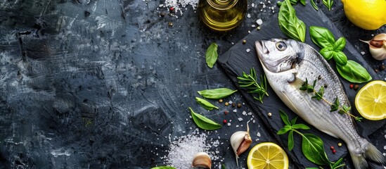 Canvas Print - Top view of raw dorado fish surrounded by lemon herbs garlic olive oil and salt on a dark slate stone or concrete background with copy space image