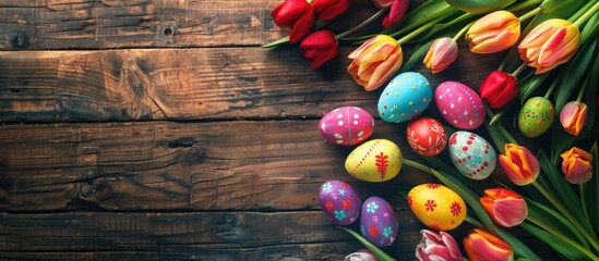 Poster - Top view of vibrant Easter eggs and tulips on a rustic brown wooden surface with ample copy space image