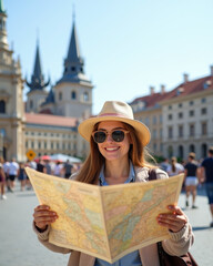 a cheerful tourist in a summer hat and sunglasses, holding an open map while standing in a busy city