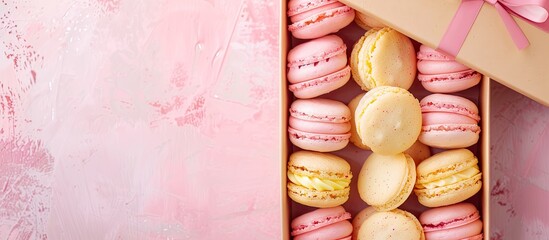 Poster - A row of pastel pink and yellow almond cookies in a gift box captured in a close up top view on a bright background showcasing a vintage style with copy space image
