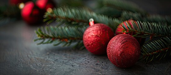Poster - Red Christmas balls green fir twig on dark gray backdrop suitable for cards with blank space for images. Creative banner. Copyspace image