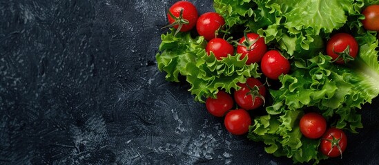 Aufkleber - Overhead view of fresh cherry tomatoes and lettuce symbolizing nutritional benefits with space for text or images. Creative banner. Copyspace image