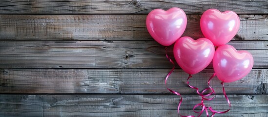 Aufkleber - Heart shaped pink balloons on a wooden surface for display featuring copy space image
