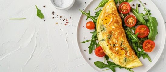 Canvas Print - Spinach omelet garnished with cheese arugula and tomatoes on a white plate with space for text or images. Creative banner. Copyspace image