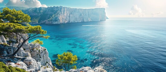 Poster - Scenic summer getaway over bay with cliffs by the sea perfect for a memorable vacation It includes a captivating copy space image