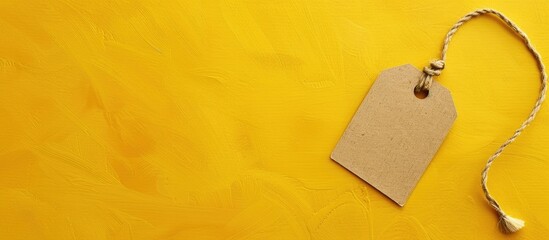 Leinwandbilder - Top view of a yellow background with a tag offering copy space image