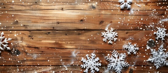 Wall Mural - Winter sale on a wooden table adorned with snowflakes providing a festive and inviting copy space image for text placement