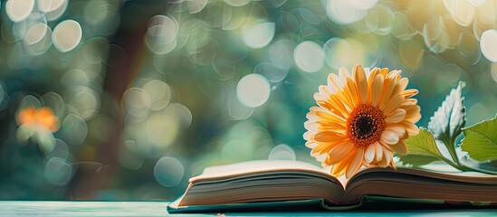 Poster - A flower with an open book on a bright table creating a back to school theme with a copy space image in the background
