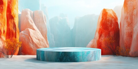 Poster - Blue Marble Podium Surrounded by Red and White Rock Formations