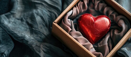Poster - A red heart is showcased in a box against a dark fabric backdrop creating a Valentine s day theme with another heart in a copy space image