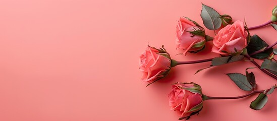 Aufkleber - Romantic concept featuring lovely rose buds on a soft pink background perfect for Valentine s Day with copy space image