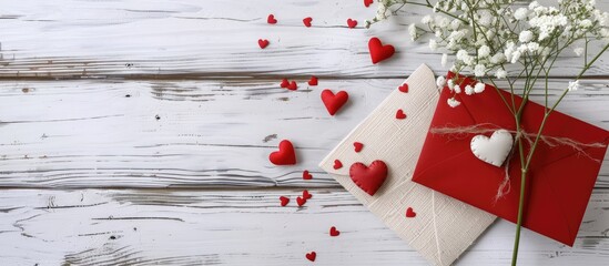 Aufkleber - Mother s Day themed background with a greeting card and hearts on a white wooden surface Represents love and family with copy space image
