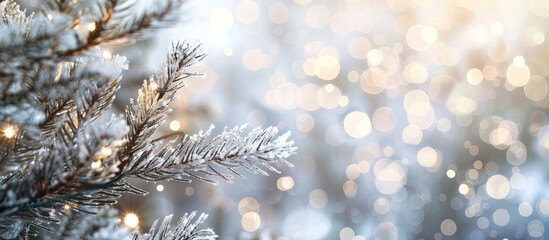 Leinwandbilder - New year lights illuminate an artificial fir tree branch on a bright silver bokeh background ideal for holiday decoration in shopping malls with copy space image included