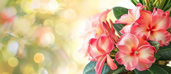 Fototapete - Tropical design featuring an Adenium or desert rose Impala Lily and Mock Azalea flower against a garden background on a spring day ideal for wallpaper with text and a copy space image