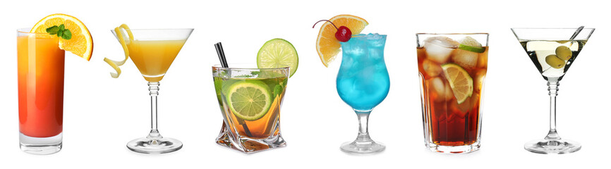 Canvas Print - Many different cocktails in glasses isolated on white, collection