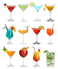 Sticker - Many different cocktails in glasses isolated on white, collection