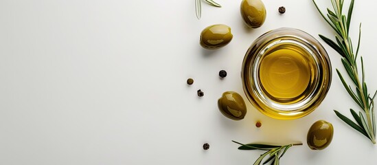Poster - Top view of a glass jar with fresh olive oil accompanied by green olives rosemary branch on a white background with available copy space image