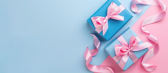 Poster - Top view of a web banner featuring a traditional blue and pink background adorned with a gift box pink bows designed for content with plenty of space for text or images. Creative banner