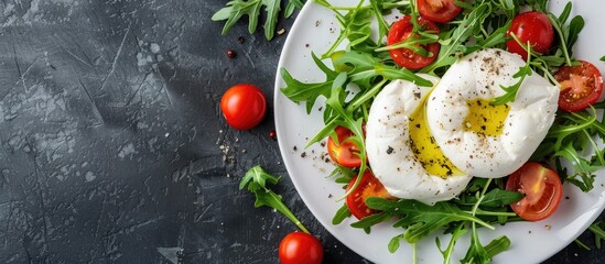 Aufkleber - Top view of Italian Burrata cheese with fresh arugula tomatoes and olive oil featuring copy space image