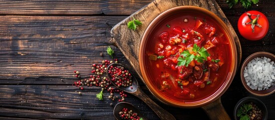 Wall Mural - Ukrainian cuisine featuring vibrant red borsch soup with meat pieces and spices on a dark wooden backdrop in a top down view Ideal for a copy space image