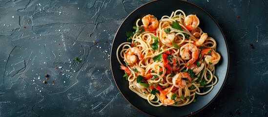 Poster - Top view of a plate of spaghetti shrimp scampi against a dark background with ample copy space image available