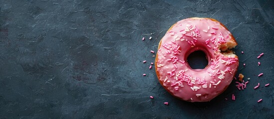 Poster - Top view of a pink frosted donut with a bite taken out set against a dark backdrop highlighting ample copy space image