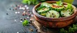 © HN Works - Traditional homemade fermented marinated pickled cucumbers with spices and herbs served in a clay bowl on an old wooden table with copy space image