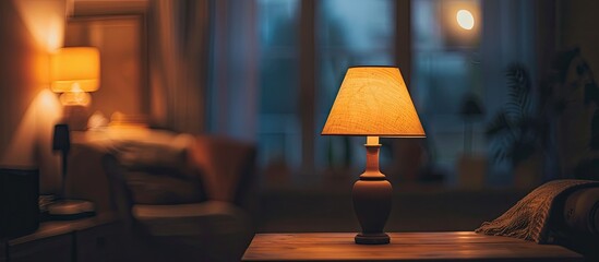 Aufkleber - A lamp casts a soft glow on a table in a dimly lit room creating a cozy ambiance with copy space image