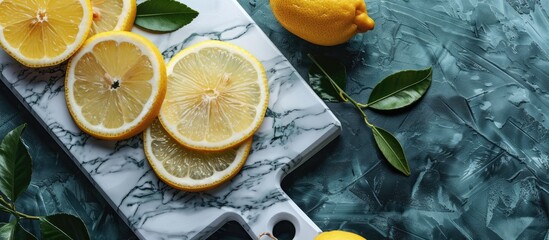 Poster - Marbled cutting board with lemon slices Ample copy space image for text highlighting Vitamin C benefits in the fruit