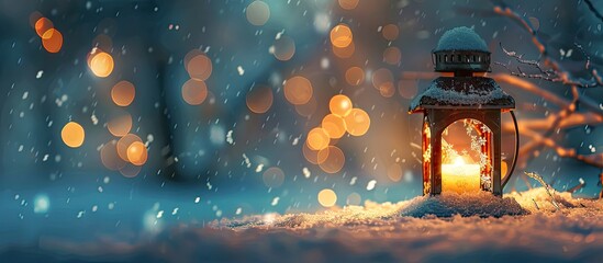 Fototapete - Lantern casting a warm glow against a snowy backdrop with copy space image