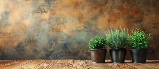 Poster - Potted plants displayed on a wooden surface with copy space image