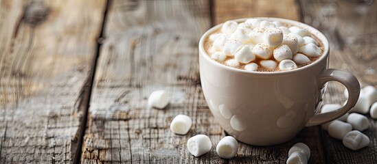 Poster - Marshmallow topped coffee cup on a rustic wooden table with copy space image