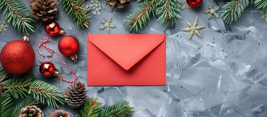 Poster - A festive holiday themed composition with green fir branches pine cones Christmas ornaments a red envelope and a greeting card set against a gray backdrop ideal for festive copy space images