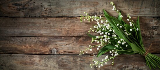 Poster - Lily of the valley bouquet on aged wooden table background with copy space image