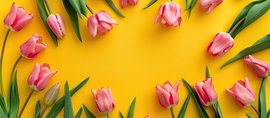 Poster - Top view of pink tulips set on a bright yellow backdrop with copy space image