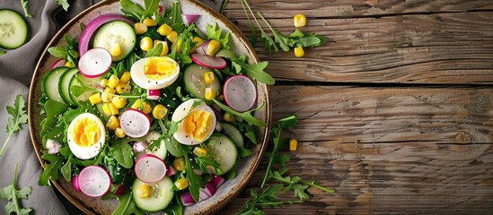 Aufkleber - Top view of a fresh vegetable salad with corn radish onion cucumber and quail eggs on a wooden surface offering free copy space image