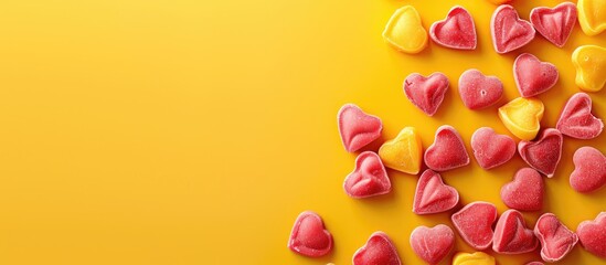 Aufkleber - Valentine s Day themed Hearts candy on a bright yellow backdrop perfect for a romantic copy space image