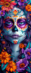 Wall Mural - A woman's face is painted with flowers and skulls. The flowers are purple and orange, and the skull is black. The painting has a colorful and vibrant feel to it, with the flowers